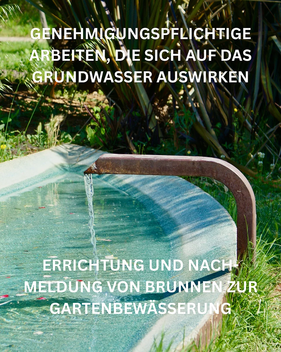 Wasser fließt aus einem Metallrohr in ein Wasserbecken im Garten mit Gras und Pflanzen im Hintergrund