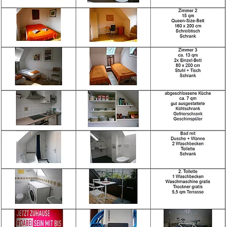 Ferienwohnung Haisch, Bildercollage mit Wohnzimmer, Schlafzimmer, Esszimmer