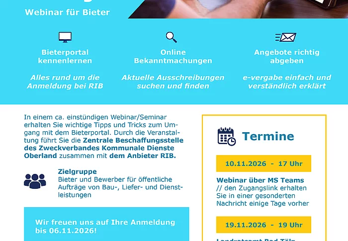 Flyer mit Informationen zu einem Bieterseminar des Zweckverbands Kommunale Dienste Oberland mit Terminen, Kontaktinformationen und Hinweisen zu Online-Bietertools