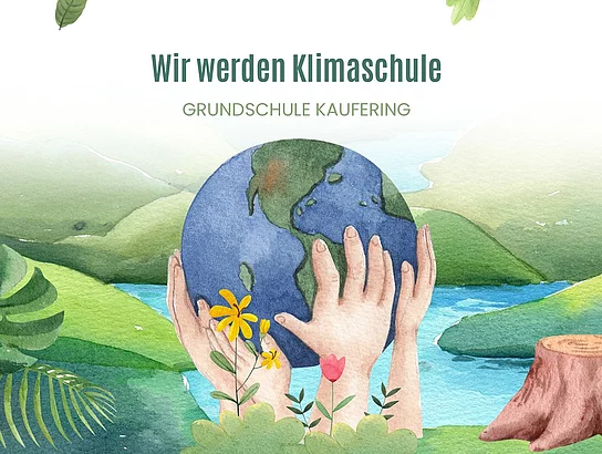 Zwei Hände halten eine Erdkugel vor einer Landschaft mit Fluss, Baumstumpf und Blumen